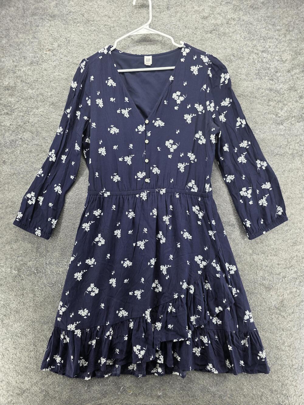 GAP Dress Womens L Navy Floral Fit & Flare Short 3/4 Sleeve V-Neck Lined